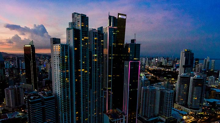 Illuminated skyscrapers in the evening