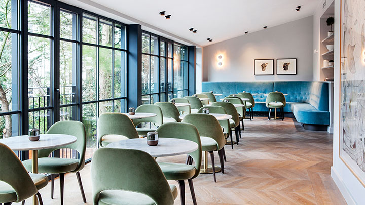 Well-lit restaurant dining room