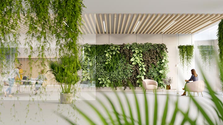 Bureau moderne avec beaucoup de plantes