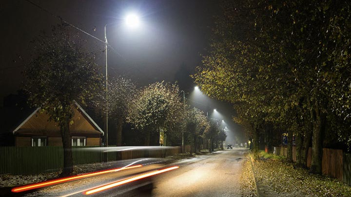 Quiet residential street at night