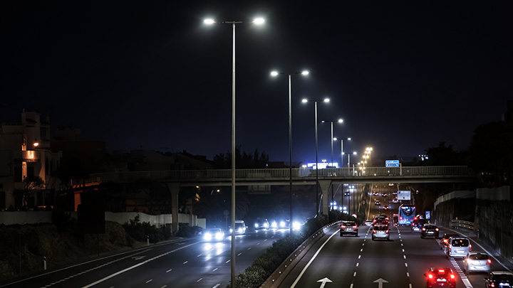 Multiple lane highway at night