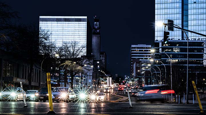 Busy city street at night