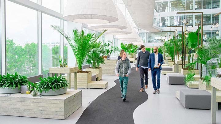 A group of people walking through a bright office with large glass windows and lots of plants