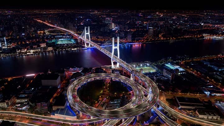 An overhead shot of NanPu birdge, China at night