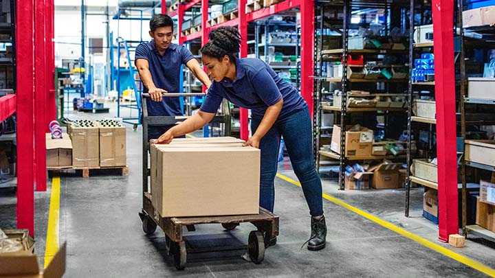 Distribution warehouse workers moving boxes in plant